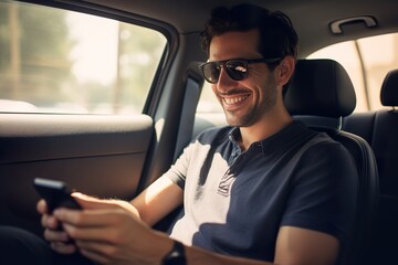 A smiling passenger traveling by taxi through the city.