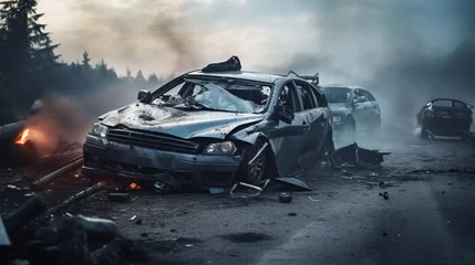 Deurstickers Car crash road accident. Emergency insurance damage report © Peopleimages - AI