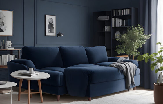 Dark blue sofa and recliner chair in scandinavian apartment. Interior design of modern living room.  Generative AI