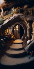 High quality photo extreme close up of hobbit house inside mountain rock realistic cinematic award winning photography professional color grading soft shadows no contrast clean sharp focus film 