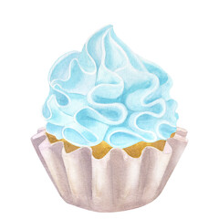 Cupcake muffin with blue cream. Sweet food clipart. Hand drawn watercolor illustration isolated on white background. Gender reveal party, baby shower. For cafe menu pastry shop