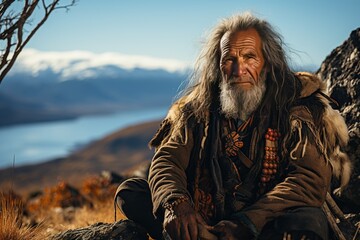 Fototapeta premium indigenous people, Lake Argentino, Cerro Christal mountains, Patagonia, Argentina,Generated with AI