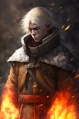 half of the body character a man with short white hair in a monastic medieval robe against the background of war and fire fantasy art high detail 