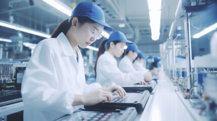 Workers,technology production factory, industrial machines building electronic smartphones, computer, protective work gear working, mobile component, increase minimum wage, labor law, blurred image