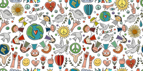 International peace day. Doves. People Holding Hands together. Seamless pattern for your design
