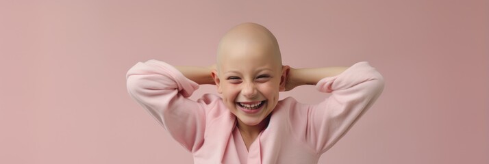 Weak caucasian girl with cancer. Optimistic girl with shaved head after chemotherapy. Healthcare and medical. Childhood cancer awareness concept. World cancer day