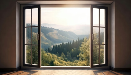 Through an open window, immerse yourself in the beauty of untouched nature - obrazy, fototapety, plakaty
