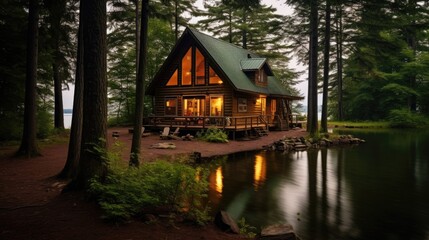 Naklejka premium Peaceful Lakeside Cabin in the Woods