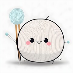 Yarn Ball with 2 knitting needles detailed clear lines kawaii white background vector graphi 