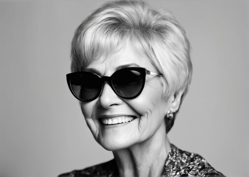 black and white portrait of an elderly happy woman in sunglasses