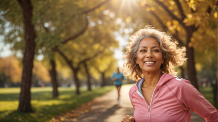 portrait of mature woman running outdoors, maintaining a healthy lifestyle through regular...