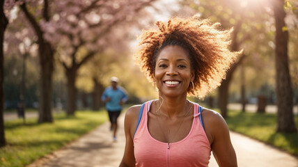 Smiling portrait of a black mature woman running outdoors, maintaining a healthy lifestyle through regular exercise, embracing fitness and wellness in a natural environment.