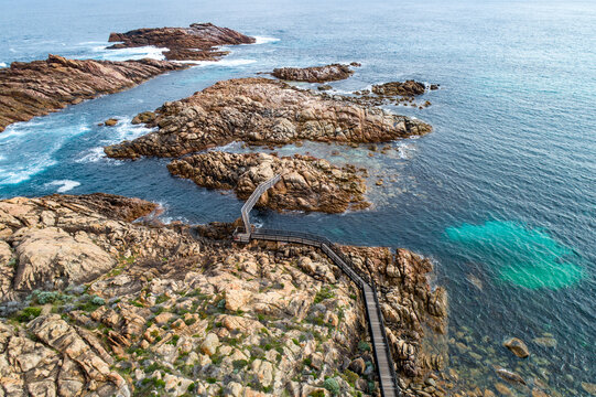 Aerial view of boardwalk among rocky islands.
