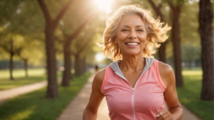 portait smiling of Mature woman running outdoors, maintaining a healthy lifestyle through regular exercise, embracing fitness and wellness in a natural environment. - obrazy, fototapety, plakaty