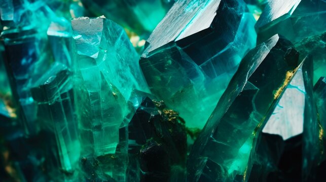 Green Turquoise Crystal Macro. Detailed Close-up Texture Background of Raw and Unpolished Dioptase Semi-Precious Gemstone Crystal
