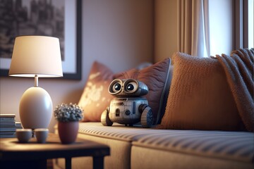 PALLE a friendly version of WALLE to help you in the palliative phase of your life set in a cosy living room with elements of a highend hotel room  - obrazy, fototapety, plakaty