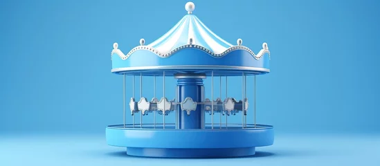 Poster Minimalist illustration of a blue carousel icon on a blue background at an amusement park for children s entertainment and recreation © AkuAku