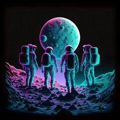 astronauts arrive on new planet the first time black background vaporwave style 