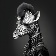 black and white photo fo a giraffe wearing colored future punk accessories ultra realistic 