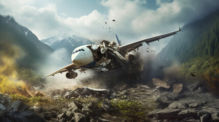Fototapeta premium Dramatic plane crash on mountain. Airplane emergency accident concept.