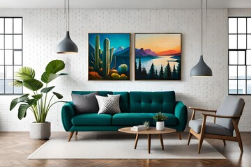 Paintings of cactus and hexagons hanging over a