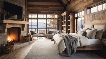 Fototapeta na wymiar Rustic Farmhouse Bedroom with Cozy and Inviting Decor