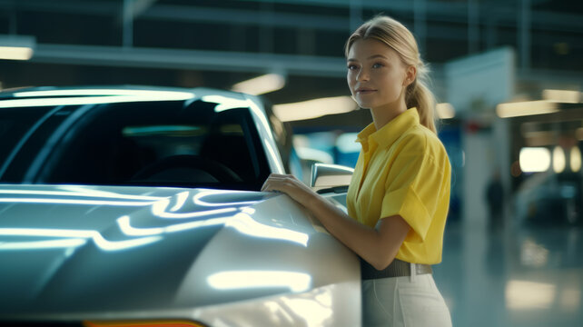 female worker checking detailing expert EV car getting ready to use