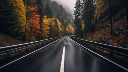 Driving on the motorway on a dark moody day with autumn colorful leaves.generative ai - obrazy, fototapety, plakaty
