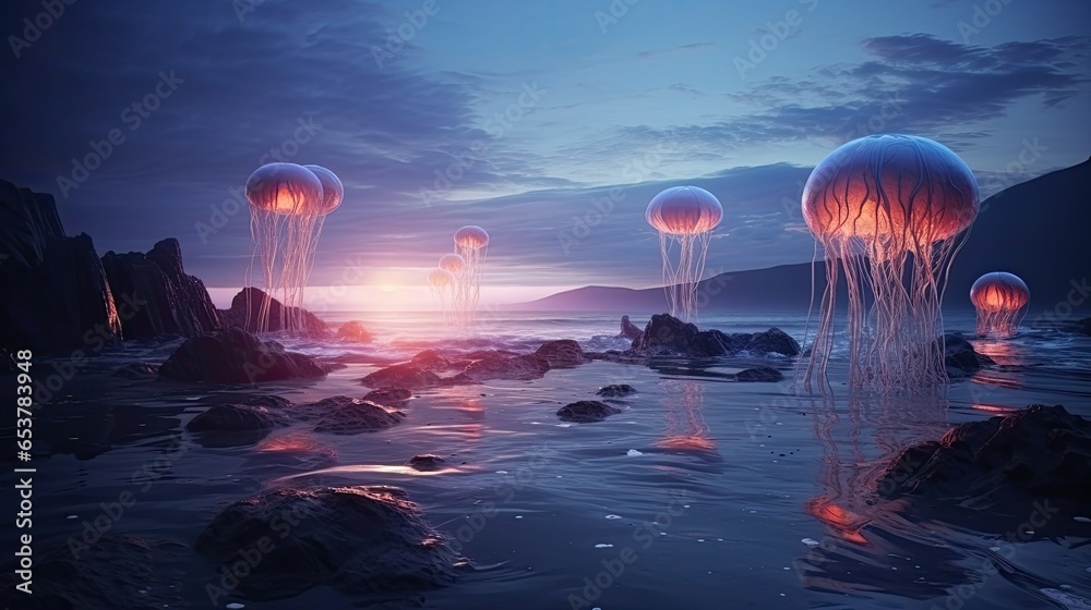 Canvas Prints Surreal Dreamy Seascape with Floating Rocks and Glowing Jellyfish