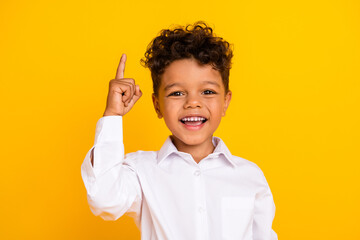 Photo of diligent smart boy with curly hairdo dressed white shirt raising finger up have idea great...
