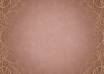 Pale pink textured paper with vignette of golden hand-drawn pattern and golden glittery splatter on a darker background color. Copy space. Digital artwork, A4. (pattern: p02-2a)