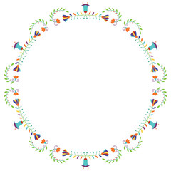 Folk embroidery frame. Design template for fiesta , wedding and birthday invitation card, greeting card. Mexican Otomi Tenango embroidery style. Round floral border. Vector