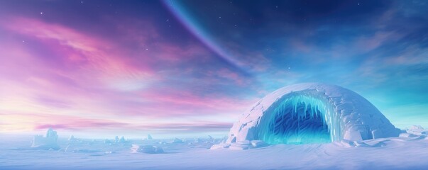 Igloo ice hotel  with aurora borealis during magic winter night, panorama. Generative Ai.