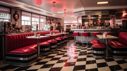 Vintage Retro Diner with Checkered Floors and Vinyl Booths