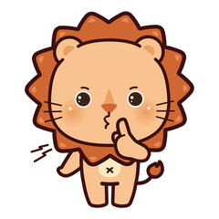 Hush. Little Lion asking for silence or secrecy with finger on lips shhh hand gesture, cartoon chibi style