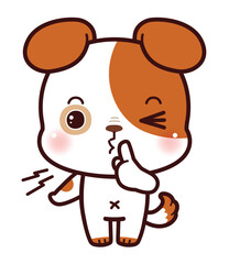 Hush. Little Dog asking for silence or secrecy with finger on lips shhh hand gesture, cartoon chibi style