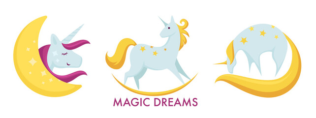 Naklejka premium Magic dreams, unicorn with horn on head, moon