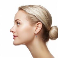 closeup side profile portrait of beautiful european american woman with hair. perfect face structure. isolated on white background. ad for earring and accessoires. Generative AI