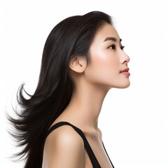 closeup side profile portrait of beautiful asian woman with hair. perfect face structure. isolated on white background. ad for earring and accessoires. Generative AI - obrazy, fototapety, plakaty