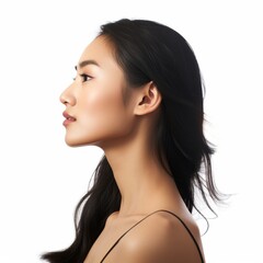 closeup side profile portrait of beautiful asian woman with hair. perfect face structure. isolated on white background. ad for earring and accessoires. Generative AI