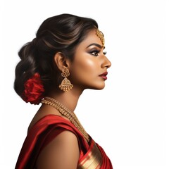 closeup side profile portrait of beautiful asian indian woman with hair. perfect face structure. isolated on white background. ad for earring and accessoires. Generative AI - obrazy, fototapety, plakaty
