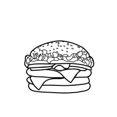 Line drawing. Burger and cheese Fast food, Front view. illustration Vector outline Hamburger. Vector illustration black line isolated on white background.