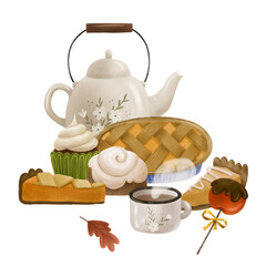 Thanksgiving Autumn cozy isolated composition with glazy cake, pie, cupcake,  apple lollipop, white vintage teapot , kettle and cup. Isolated design © Ilona
