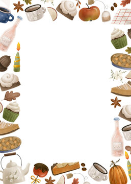 vertical thanksgiving  with bakery, tea, teapot, pie, apple cider, leaves, acorns and cake, desserts. Isolated design, hand painted illustration