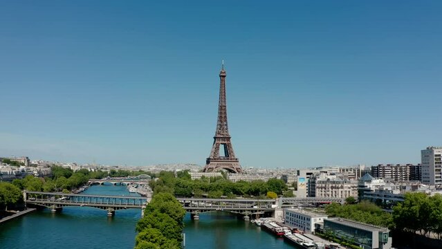 Cityscape of Paris. Aerial drone view of Paris in sunny day. Wide shot. Paris, France 10 may 2022