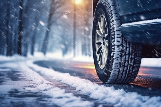 Car's wheels on slippery road covered with snow. Danger snowfall in trip. Winter weather and cold season.