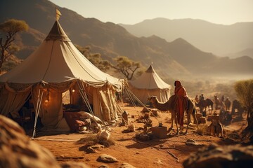 Bedouin people and their nomadic way of life in the desert, with tents, camels, and traditional clothing.Generated with AI - obrazy, fototapety, plakaty