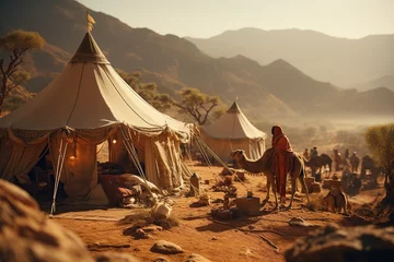Fototapeten Bedouin people and their nomadic way of life in the desert, with tents, camels, and traditional clothing.Generated with AI © Chanwit