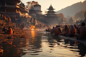 devotees and the serene landscapes near the Kosi River in Haridwar, India,Generated with AI - obrazy, fototapety, plakaty