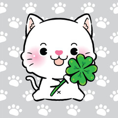 Cute Cat holding a four-leaf clover, Lucky Animals, Doodle cartoon style.